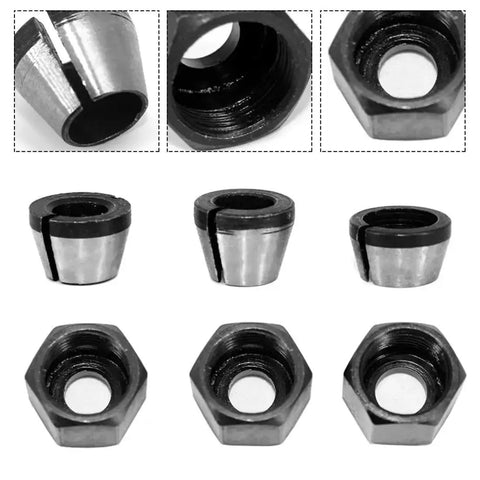 Three Piece Wood Router Collet Adapter Kit With Nuts For Flush Trim Router Bits 6mm 6.35mm And 8mm Shanks Replacement Collet