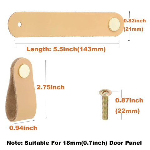 Six Pack Leather Drawer Pulls for Dresser and Cabinet, Khaki Color, Soft Leather Knobs with Screw Installation, Size Details