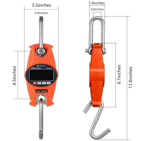 Front and side view of Orange Beefy Industrial Digital Scale 300 kg 600 lb SF-918 with aluminum frame and stainless hook.