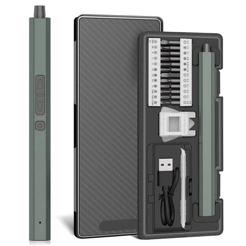 30 In 1 Electric Screwdriver Kit With 24 Magnetic S2 Steel Bits And 3 LED Lights displayed in a compact carrying case with USB-C cable
