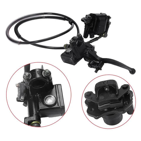 Rear Hand Hydraulic Disc Brake Caliper Assembly With Pads for Chinese ATV Quad Replacement, includes lever and hose.