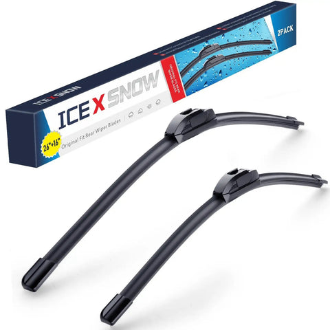 26 Inch And 16 Inch Wiper Blades Set For Hyundai Toyota Honda And More Hook Type Easy Install All Weather Performance For Tucson Elantra Kona Corolla RAV4 Accord CRV Sedans And SUVs on a blue and white packaging.