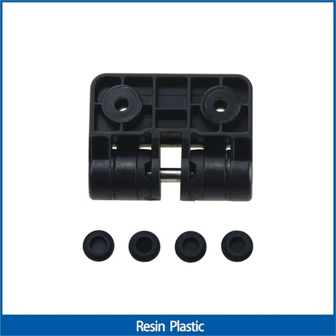 Front view of white resin positioning torque 90-degree hinge with two pivot barrels and four caps