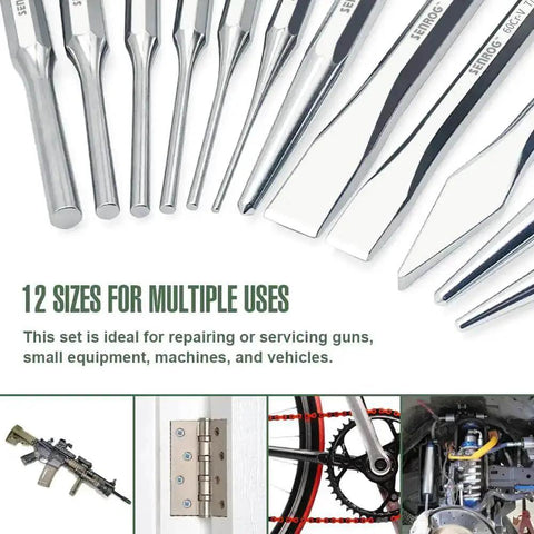 12 Piece Punch And Chisel Set With Carrying Case For Metalworking Including Flat Chisels Center Punches Pin Punches And Conical Punch Ideal For DIYers Hobbyists And Pro Shops In The Garage Or Home shown with tools and uses