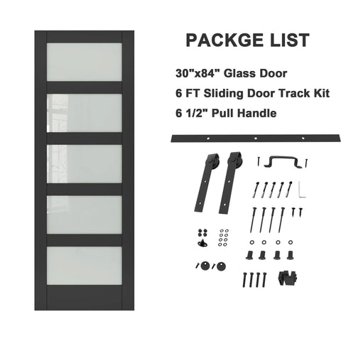 Frosted Glass Barn Door With Black Steel Frame And No Fuss Six Foot Sliding Hardware Kit, 30 By 84 Inches Solid Core Wood Door shown with package contents.
