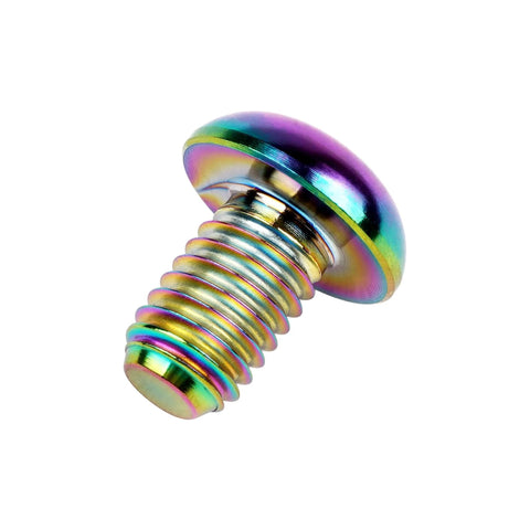 Side view of a Rainbow Titanium M5x8mm bolt, ultra light 6Al4V Gr5 Ti alloy, button head with 3mm Allen socket, bike accessory.