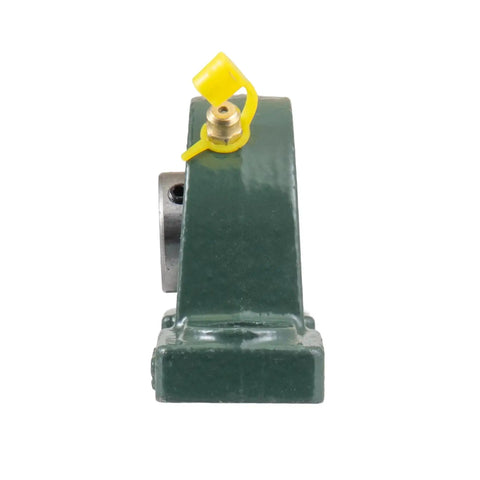 Side view of Beefy Pillow Block Bearing One Half Inch Shaft Bore With Solid Cast Iron Base Self Aligning Two Pack Pre Lubricated Industrial Quality Mounts 12mm Holes Center To Center 95mm, showing lubrication fitting.