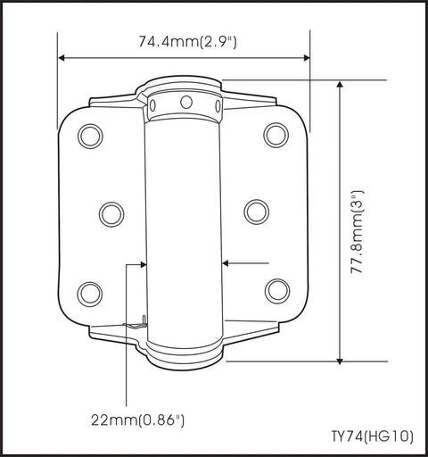 Adjustable Spring Hinge Set For DIYers, 3 Inch Zinc, With Stainless Steel Screws, No Mortise Required, Cold Rolled Steel, Front View Diagram