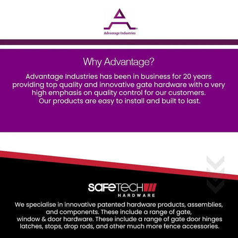 Advantage Industries logo and SafeTech Hardware promotional text highlighting gate hardware specialization.
