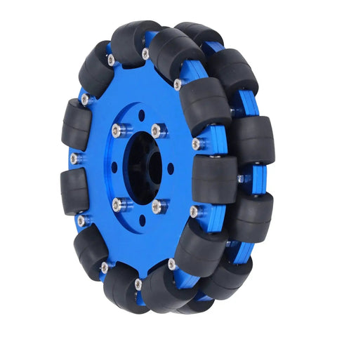 5 Inch Omni Wheel With Aluminum Alloy Hub For DIY Robots, 127mm Metal Roller Wheel in blue, designed for omnidirectional movement.