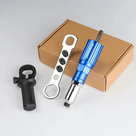 Cordless Drill Rivet Gun Adapter Kit Converts Your Drill Into a Rivet Gun With 4 Rivet Heads and 80 Rivets shown with tools and box