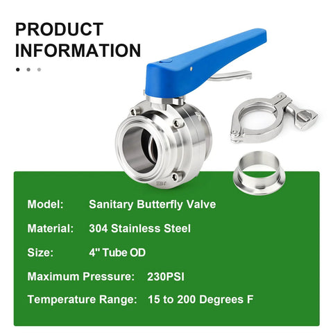 Sanitary butterfly valve kit, 4" tube OD, 304 stainless steel, blue lever handle with tri-clamp ferrule and clamp.