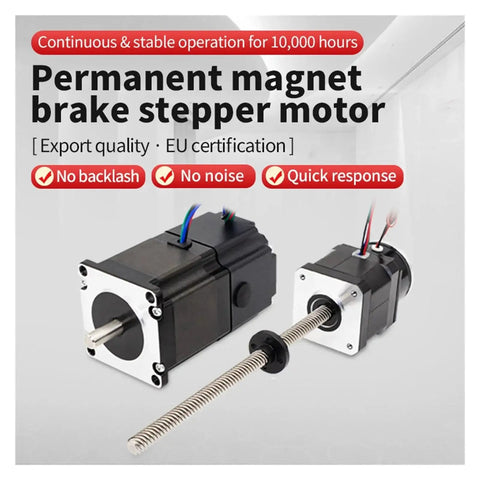 Permanent magnet brake stepper motors; front view, black housings with silver faceplates and wiring.