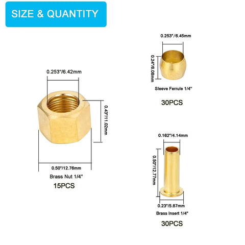 Size and quantity details of Brass 1/4 Inch OD Compression Insert Sleeve Ferrule And Nut Kit 75 Piece Set with brass nut, ferrule, and insert.