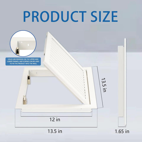 Front view of white aluminum vented access door for drywall with push-button switch, outer 13.5x13.5 in, inner 12x12 in
