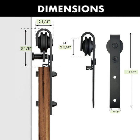 Black Rustic Sliding Barn Door Hardware Kit For One Door 5ft Flat Track Classic Roller System dimensions view.