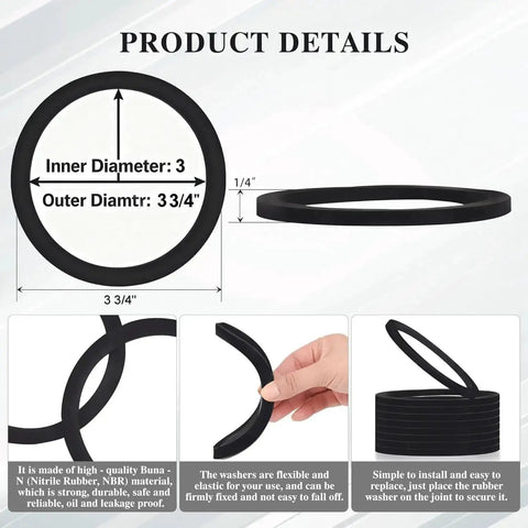 3 Inch Camlock Gasket Set, 5 Pack Buna N Seals For 3 Inch Cam And Groove Fittings in black with dimensions shown and close-up details.