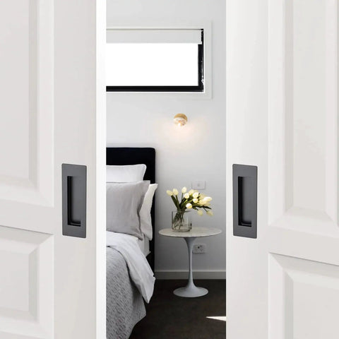 4 Pack Black Sliding Closet Door Pulls Flush Recessed Finger Pulls 4.72 Inch Length Square Cabinet Pulls on white sliding doors