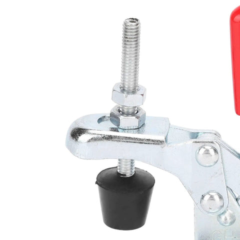 Close-up of Quick Release Vertical Toggle Clamp With 30Kg Clamping Force For Welding And Assembly, durable metal, ergonomic handle visible.