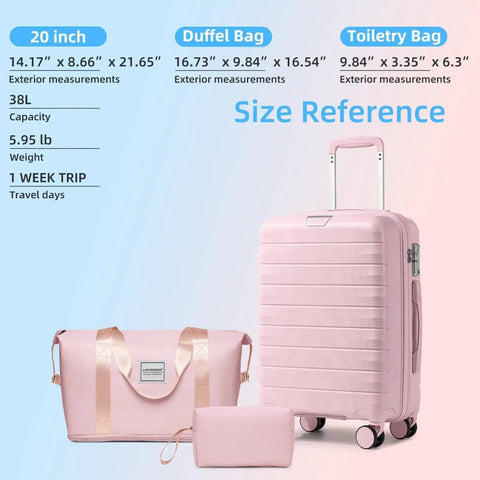 3 Piece Luggage Set For Women With Hardside PP Suitcases And Duffle Bag, Carry-On Size displayed with dimensions in orchid pink.