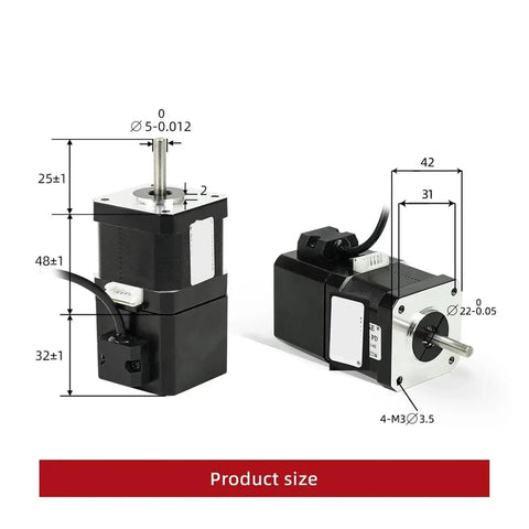 Front and side views of a 42HS48 NEMA17 stepper motor, 12V, 4-lead, 52 N·cm torque, 48 mm body length.