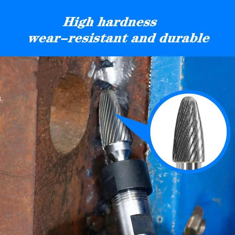 Beefy Carbide Burr Bit Tree Shape Double Cut 9/16 Inch Head 1/4 Inch Shank in use for metalworking on rusted surface