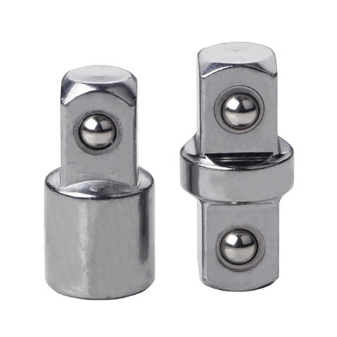 Two chrome 3/8-in socket sleeve adapters with square-drive ends and ball detents.