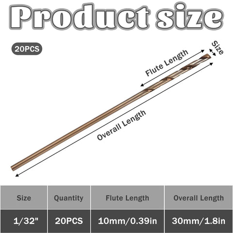 One Thirty Second Inch Cobalt Drill Bit Set, 20 Pieces M35 High Speed Steel Jobber Length Twist Drills, size and length details