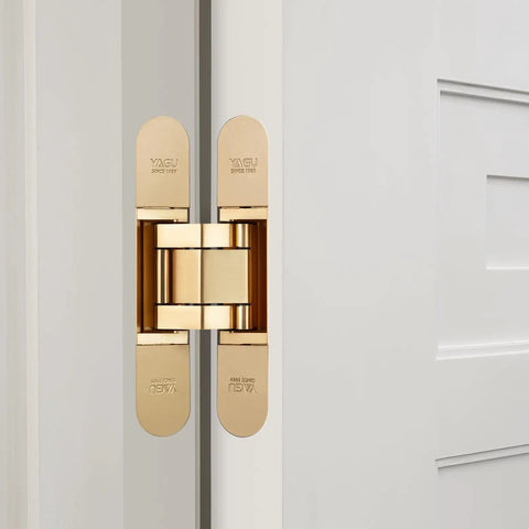 3 Way Adjustable Invisible Door Hinge Concealed Hidden 180 Degree Swing Zinc Alloy Matte Gold Butt Hinge on white door