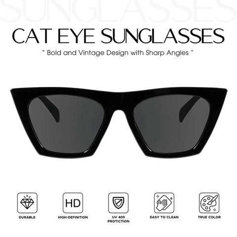 Cat Eye Sunglasses For Women Sharp Angles Frame With UV400 Protection Black 2Pack Retro Cool Vintage Fashion 90s Funky Ladies Small Chunky Unique MS51801 Trendy Square Cateye Eyewear For Everyday Sunny Days front view