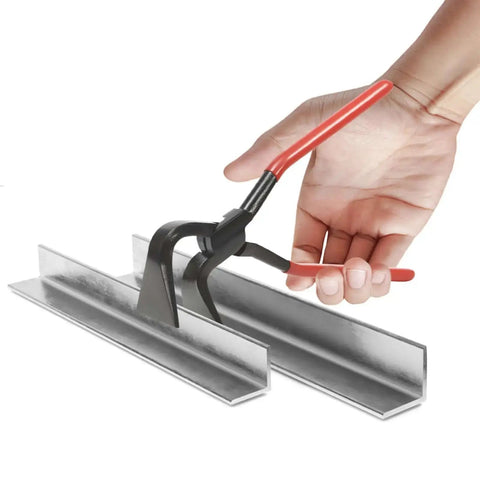 3 Piece Sheet Metal Bending Pliers Set With Straight, 45 Degree, And 90 Degree Jaws for auto repair in use on metal channel