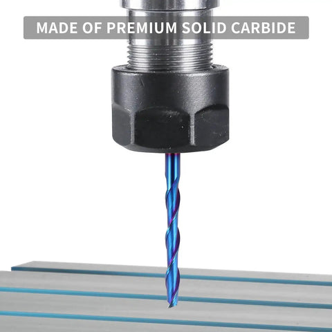 Extra Long 4 Inch Upcut Spiral Router Bit With One Quarter Inch Shank And One Quarter Inch Cutting Diameter Solid Carbide Blue Nano Naco Coating For CNC Wood Cutting Trimming And Carving shown in machine