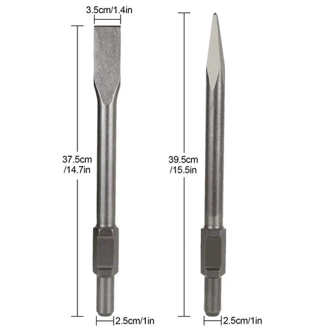 Jack Hammer Drill Bit Set 16 Inch Four Pack For Demolition And Concrete Breaking With Flat Tip And Bull Point Chisels In Chromium Vanadium Steel Hex Shank One And One Eighth Inch AConnet, showing two chisels with dimensions.