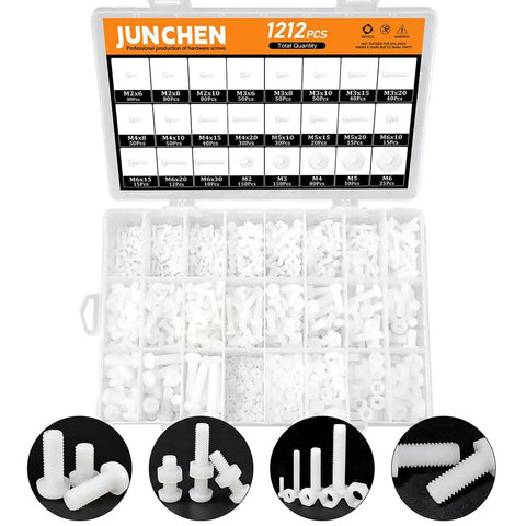 White Nylon Pan Head Bolts And Nuts Kit For M2 To M6 Size Range in storage box, ideal for microcontroller and PCB projects.