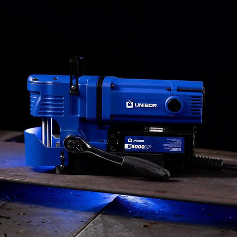 Side view of Low Profile Magnetic Drill Press With 2 Inch Cutter Capacity Smart Control For Right Angle Drilling - Unibor E5000LP.