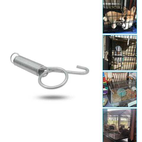 10 Pack Metal Spring Latch Hooks For Pet Cage Doors And Small Animals, showing single silver latch hook and usage on pet cages