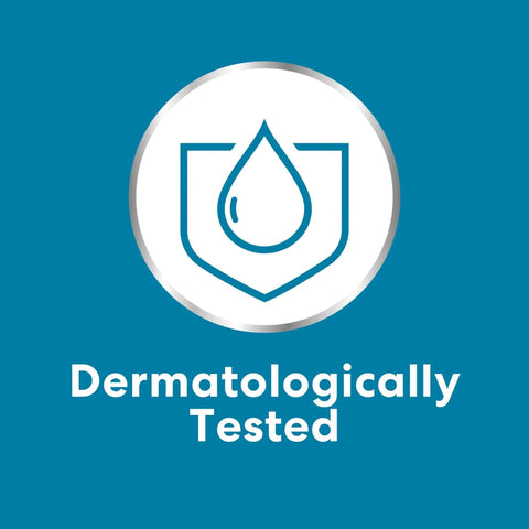 Symbol with drop and shield above text 'Dermatologically Tested' on blue background.
