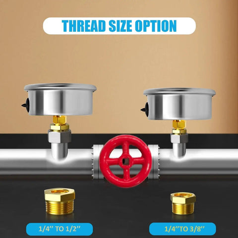 Zero To 100 PSI Liquid Filled Pressure Gauge With A 2.5 Inch Dial And Stainless Steel Back Mount for Water Oil and Gas Media, thread size options shown with brass reducers.