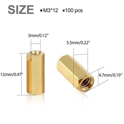 M3 Brass Hex Standoff Spacers 12mm Female Thread Gold Tone Pillar Screws Kit For DIY PC Build Circuit Boards 100 Pieces