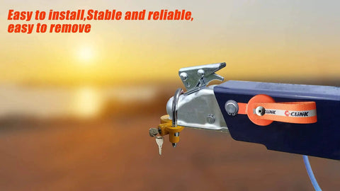 C CLINK surge brake lockout key with magnetic lockout and orange strap on boat trailer hitch