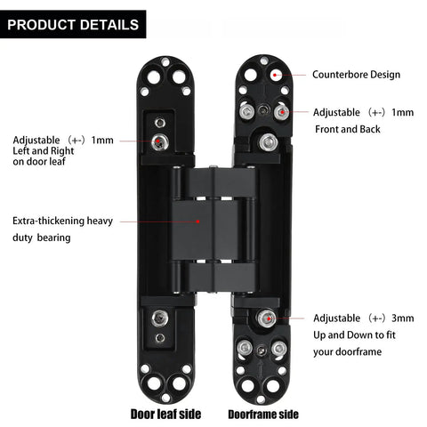 Close-up of Two Pack 6 Inch Hidden Door Hinges Zinc Alloy Heavy Duty Concealed Hinge 180 Degree Swing 3 Way Adjustable Butt Hinge Black