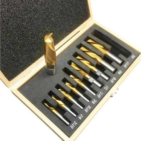 Tin Coated HSS 2 Flute End Mill Set 10 Pc Center Cutting Right Hand Single End Shank Mills in wooden case