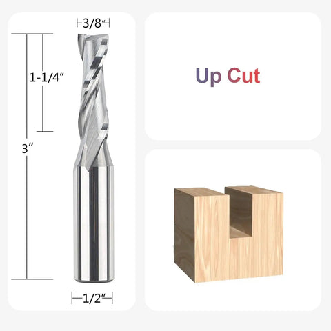 Upcut Spiral Router Bits For Woodworking, Three Eighths Inch Cutting Diameter, One Half Inch Shank, HRC55 Solid Carbide CNC End Mill.