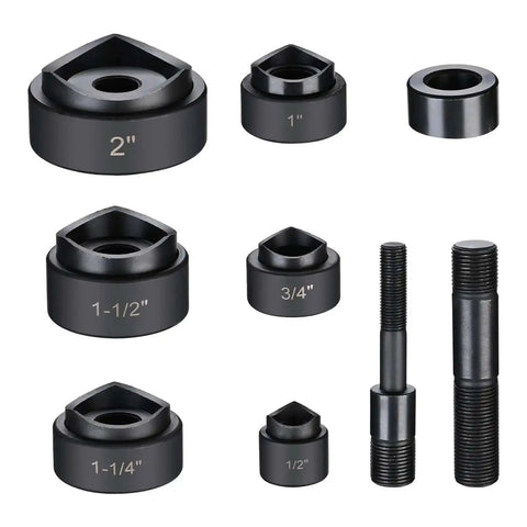 Heavy Duty 8 Ton Hydraulic Knockout Punch Set With Six Die Punches, showing various die sizes for sheet metal and electrical work