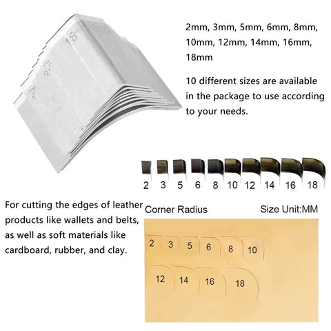 Corner Edge Trimmer Set 10 Pack Leather Corner Punch Cutter Die Cutting Mold for Wallet Belt with 10 sizes shown