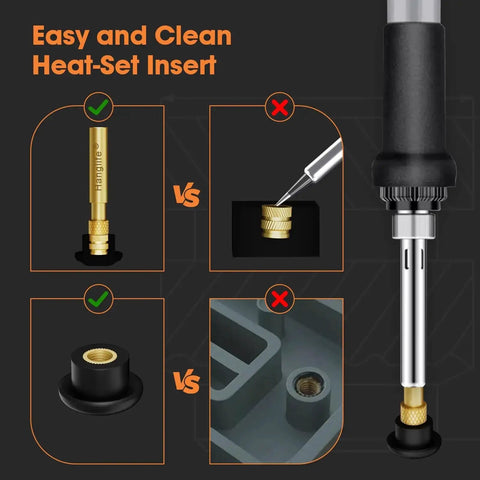 Image showing heat-set insert tips with a soldering iron for installing threaded M2 to M8 inserts in plastic 3D printed parts.