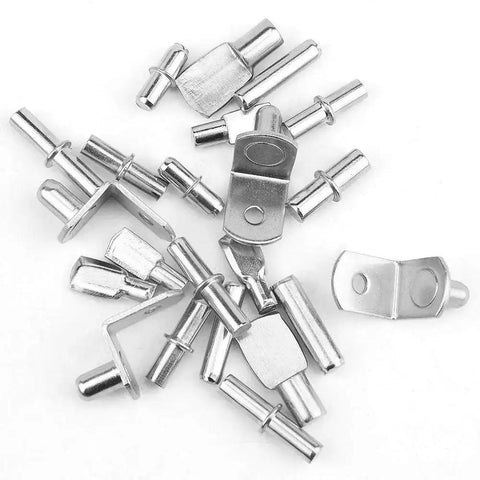 Assorted zinc alloy shelf pins with 100 Piece Shelf Pins And Pegs Assortment For Wood Shelves And Cabinets 10 Styles in various shapes and sizes.