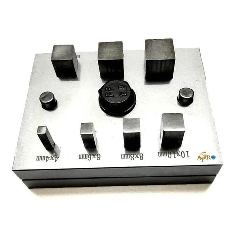 Front view of Square Shape Disc Cutter Set 7 Piece Punch Tool Kit For Jewelry Making, showing 4x4 to 16x16 mm metal punch sizes.