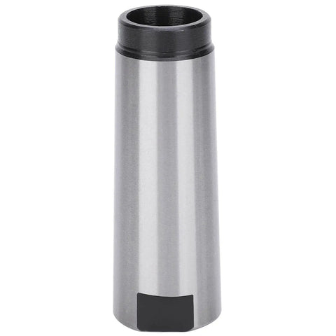 Front view of a silver MT4–MT3 taper drill sleeve reducing adapter in high-speed steel with black end caps