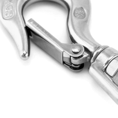 Close-up of Slip Hooks 1400Lb Stainless Steel Rotatable Swivel Clevis Hook With Safety Latch, showing latch and swivel mechanism.